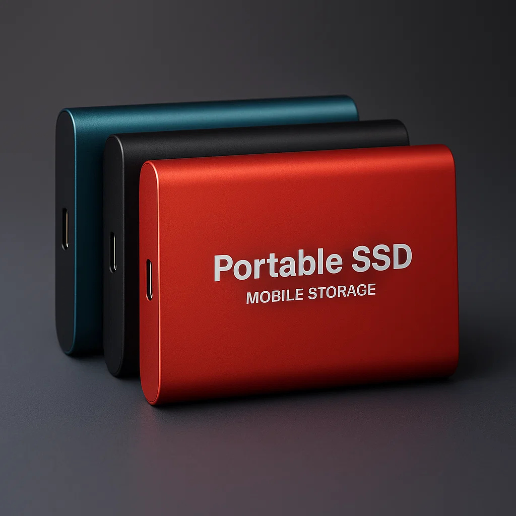 Kompaktowy dysk zewnętrzny SSD z aluminiową obudową w kolorze czerwonym, widok z boku