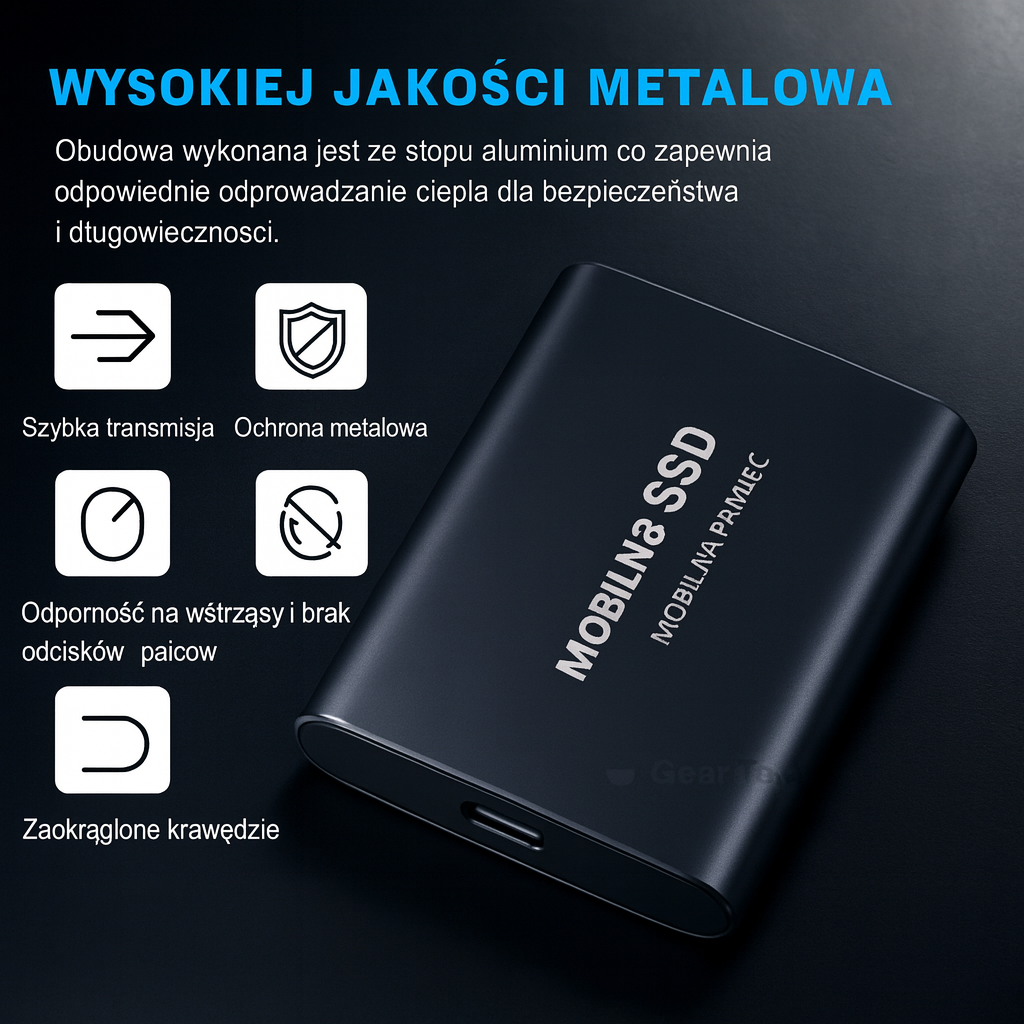 Mobilny dysk SSD w czerwonej aluminiowej obudowie, widok z przodu z napisem Portable SSD
