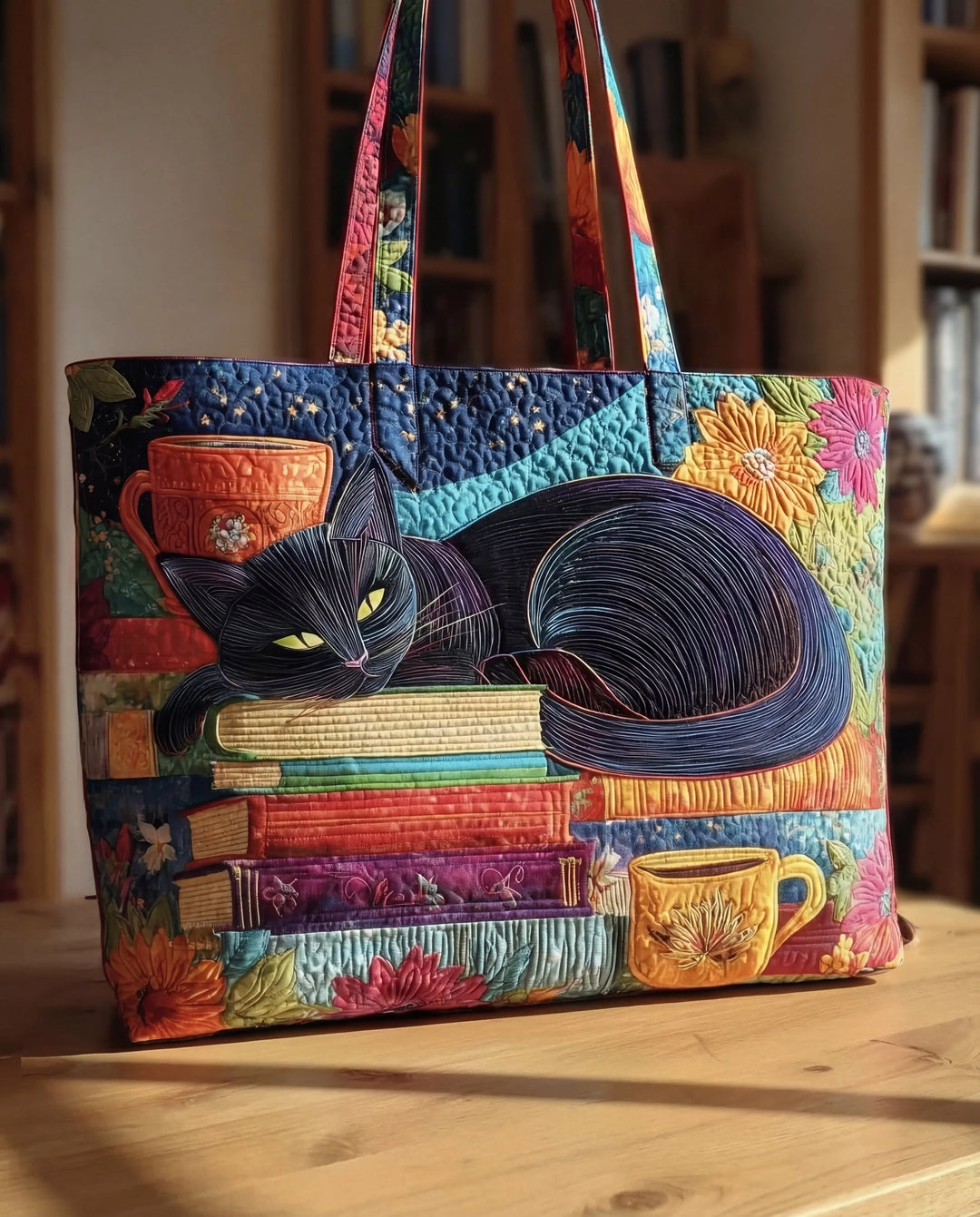 Elegancka torba Artisanal "Czarny Kot z Książkami i Filiżankami" – pikowana torba typu tote z kolorowym wzorem czarnego kota na książkach