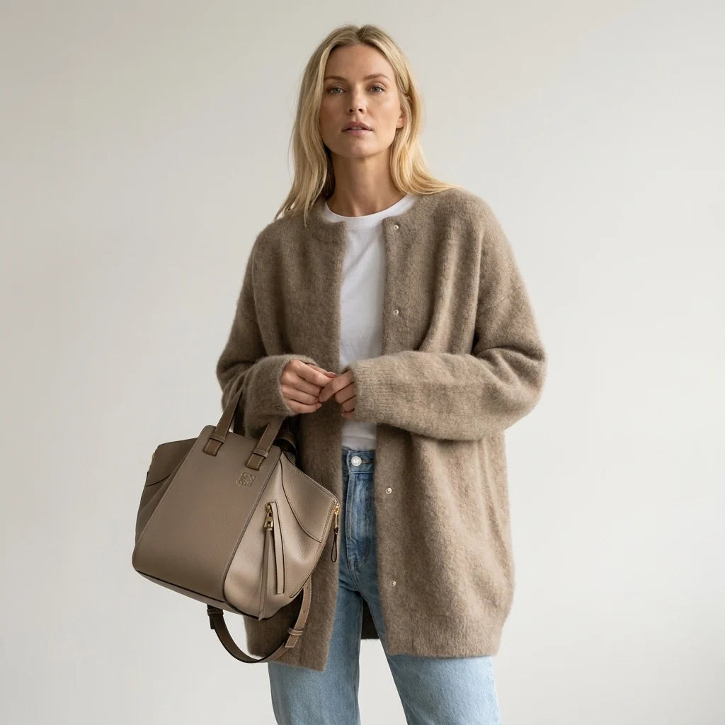 Kardigan damski elegancki – sweter rozpinany damski w beżowym kolorze z luźnym krojem i zapięciem na guziki