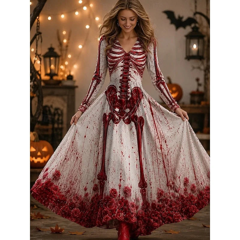 Sukienka maxi halloween z motywem szkieletu w kolorze białym z czerwonym nadrukiem, długie rękawy i dekolt w serek