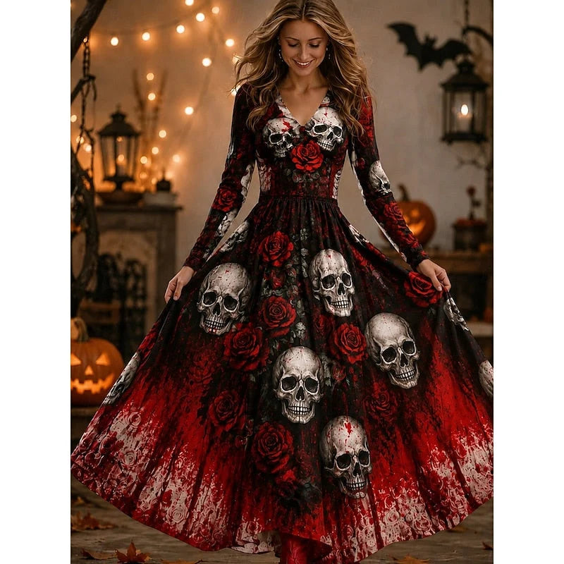 Szczegół nadruku szkieletu na sukience maxi halloween, długie rękawy z anatomicznym wzorem