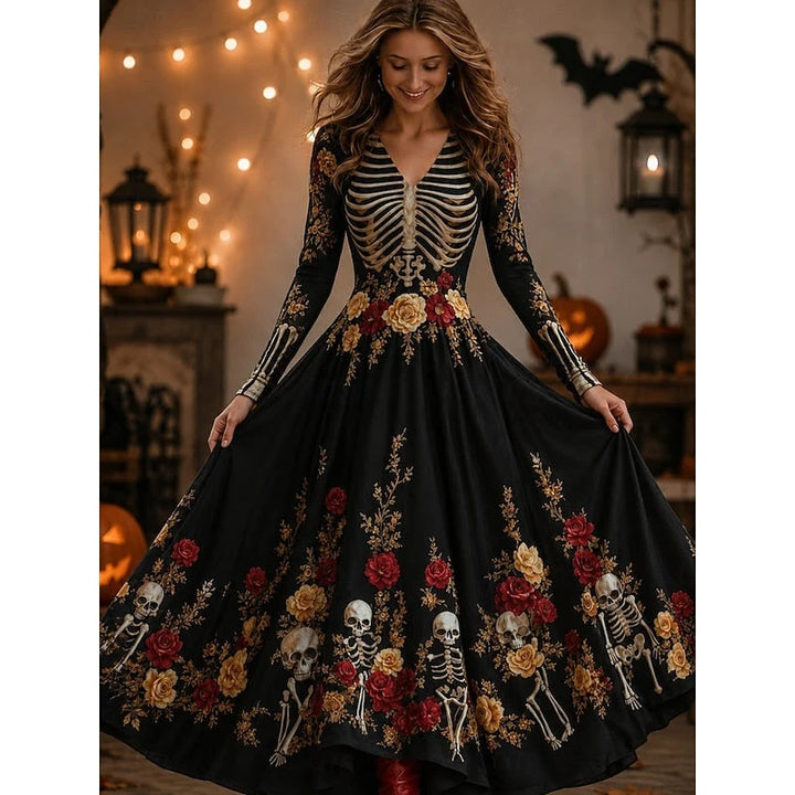 Pełna sylwetka sukienki maxi halloween z motywem szkieletu, rozkloszowany krój i dekolt w serek