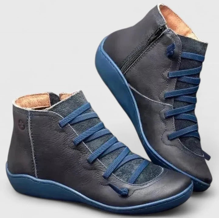 Close-up view of women's ankle boots showing structured upper and wedge sole design