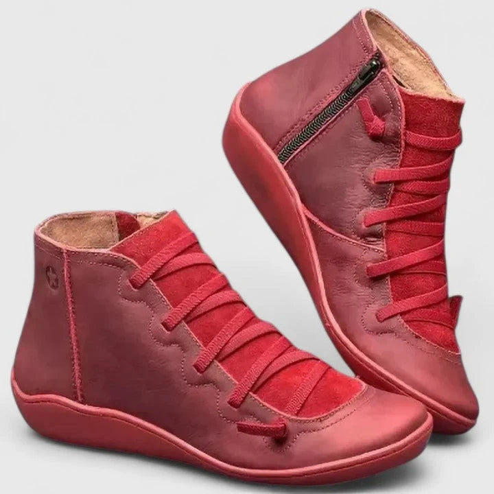 Detail shot of women's ankle boots highlighting natural grain finish and low wedge heel