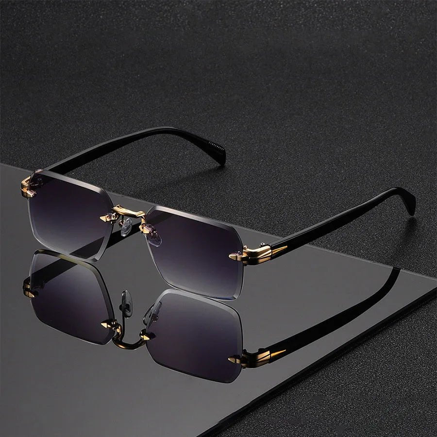 Okulary damskie rimless z turkusowym gradientem i złotymi detalami widok z boku