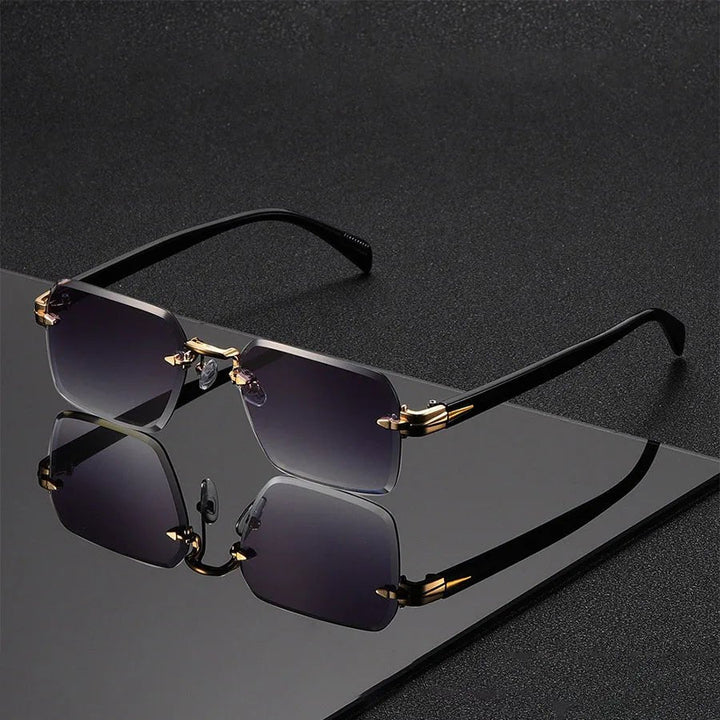 Okulary damskie rimless z turkusowym gradientem i złotymi detalami widok z boku