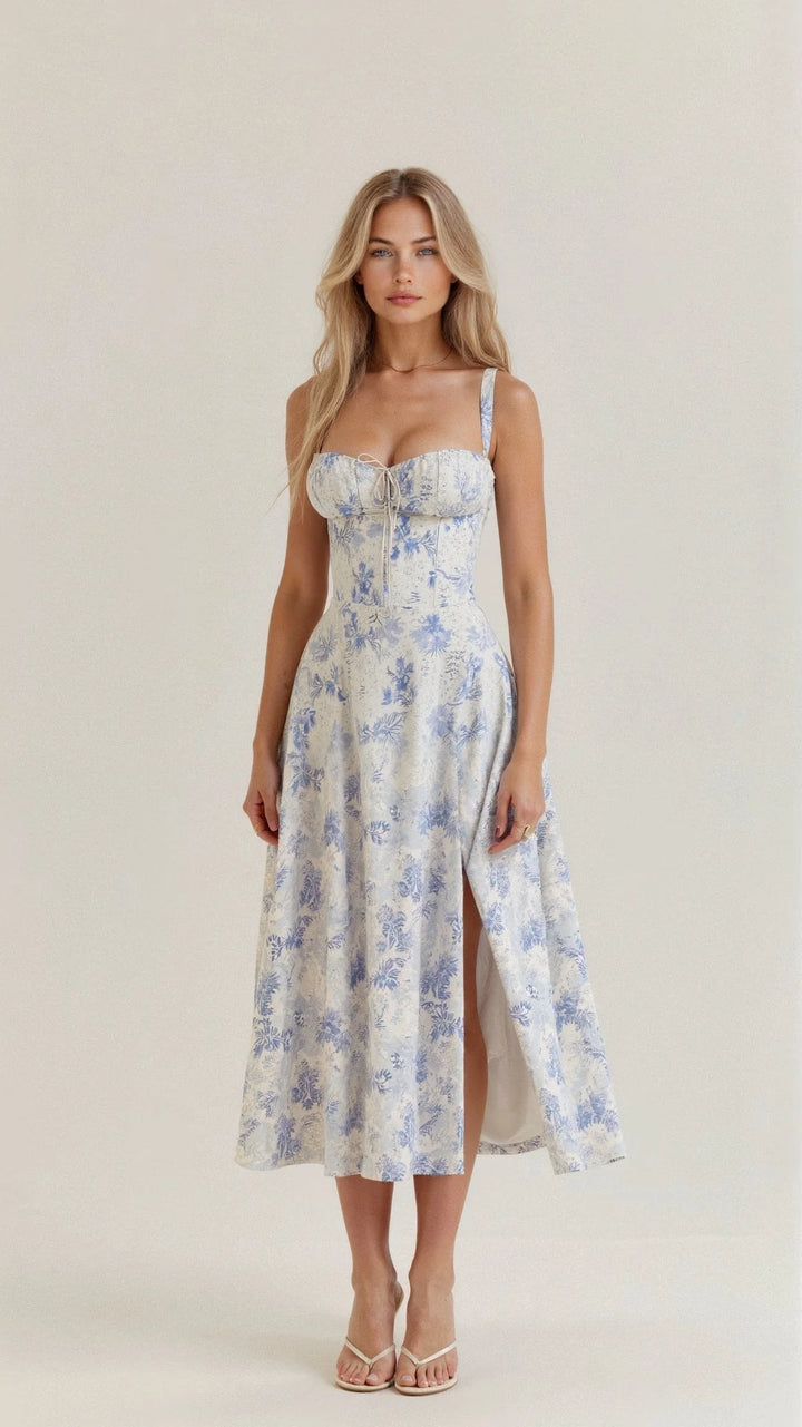Czarna sukienka koktajlowa midi z gorsetem na modelce w studio