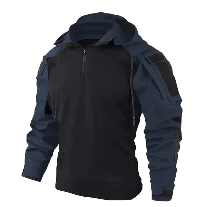 Bluza taktyczna męska z kapturem i krojem slim fit w kolorze granatowym z kieszeniami na ramionach