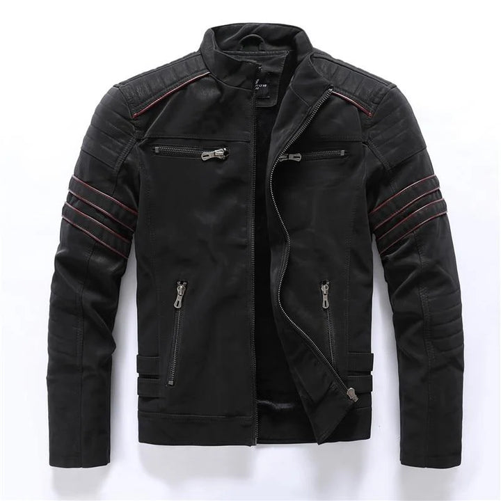 Męska kurtka motocyklowa z wysokim kołnierzem w stylu biker z pikowanymi detalami na ramionach i ozdobnymi zamkami