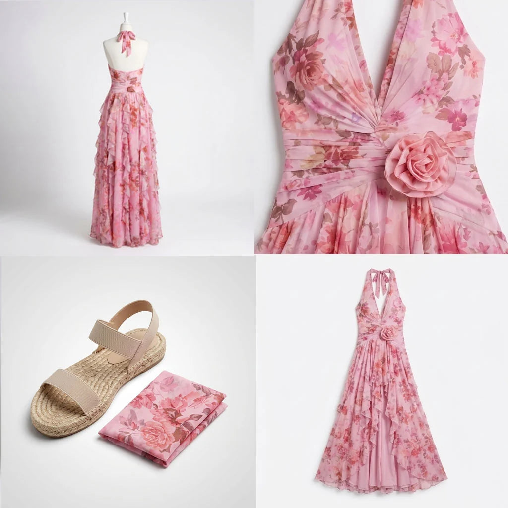 Sukienka maxi z dekoltem halter i kwiatowym printem na garden party