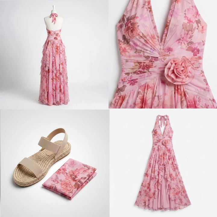Sukienka maxi z dekoltem halter i kwiatowym printem na garden party