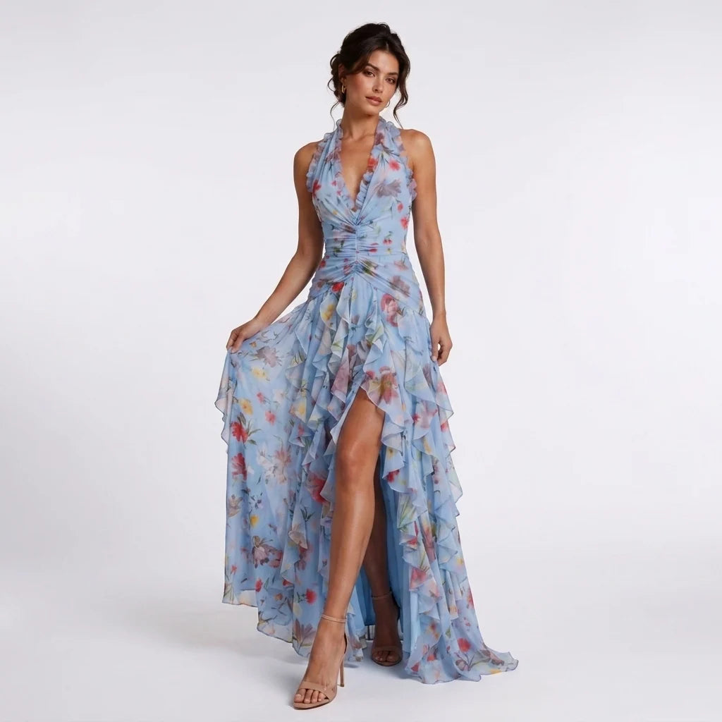 Sukienka maxi w kwiatowy print z dekoltem halter i asymetrycznym dołem na letnie okazje
