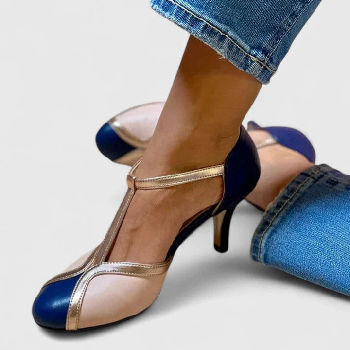 Szpilki damskie ortopedyczne z zamkniętym noskiem i średnim obcasem typu kitten heel w kolorze beżowo-granatowym
