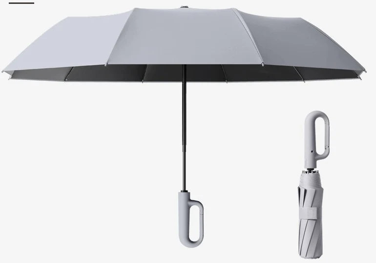 Wiatroodporny parasol z dużym uchwytem na klamrę, prezentacja mechanizmu składania