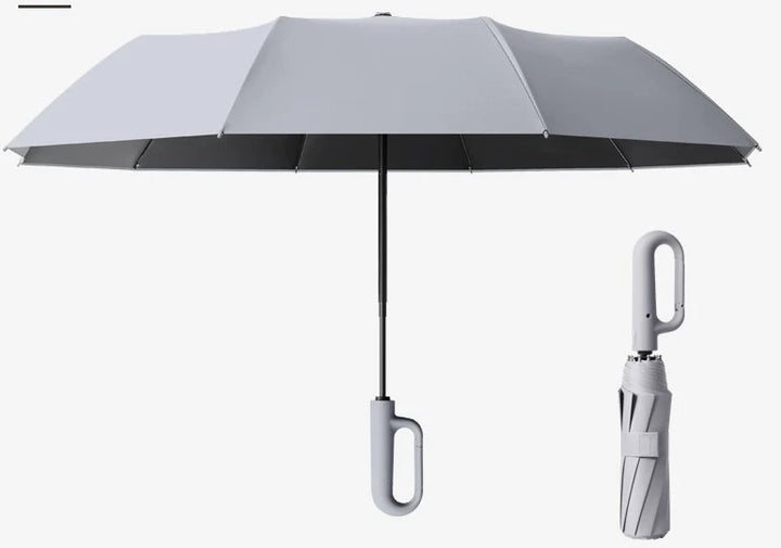 Wiatroodporny parasol z dużym uchwytem na klamrę, prezentacja mechanizmu składania