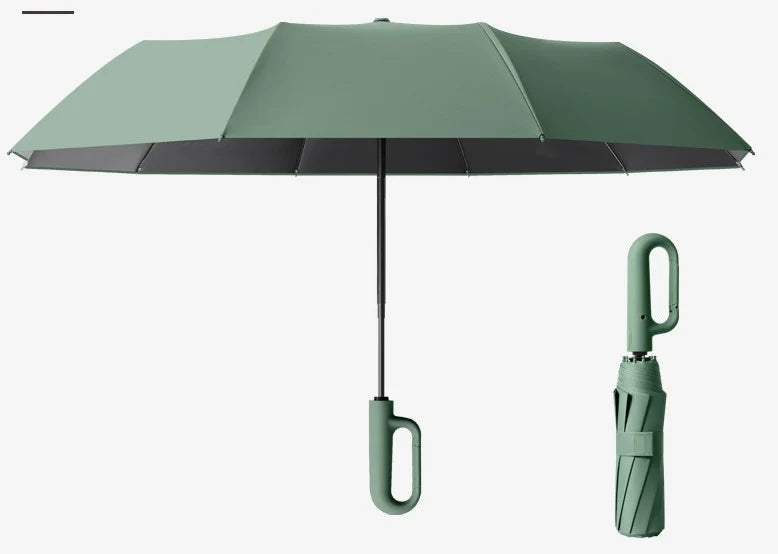 Kompaktowy parasol automatyczny z ergonomicznym uchwytem, widok złożony