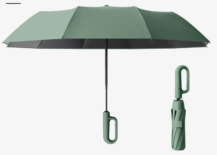 Kompaktowy parasol automatyczny z ergonomicznym uchwytem, widok złożony