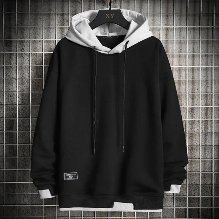 Męski dwukolorowy casualowy hoodie z białą podszewką kaptura i charakterystycznymi ściągaczami na rękawach