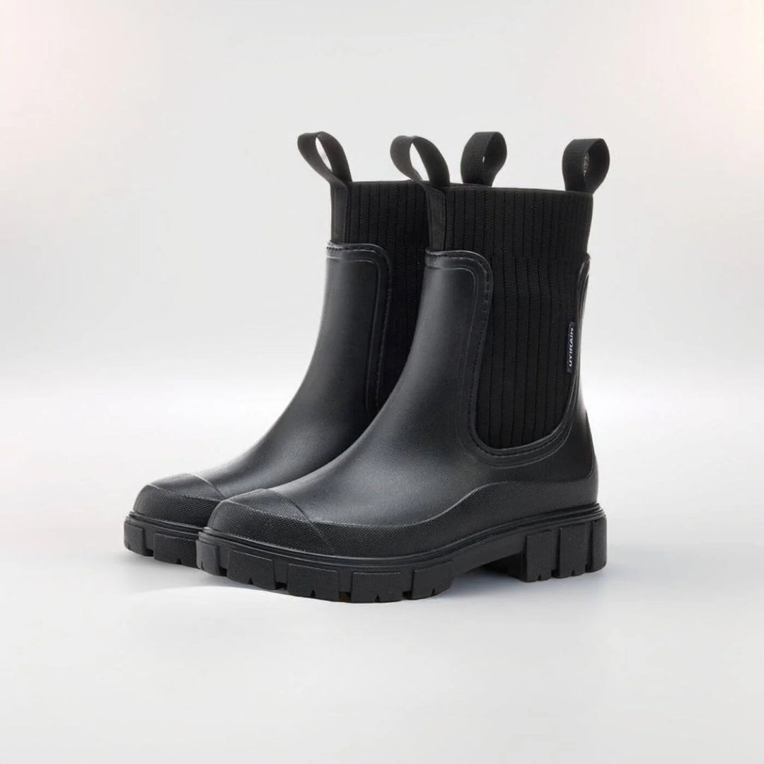 Detail shot of chunky tread sole on women's waterproof Chelsea boots for wet weather grip