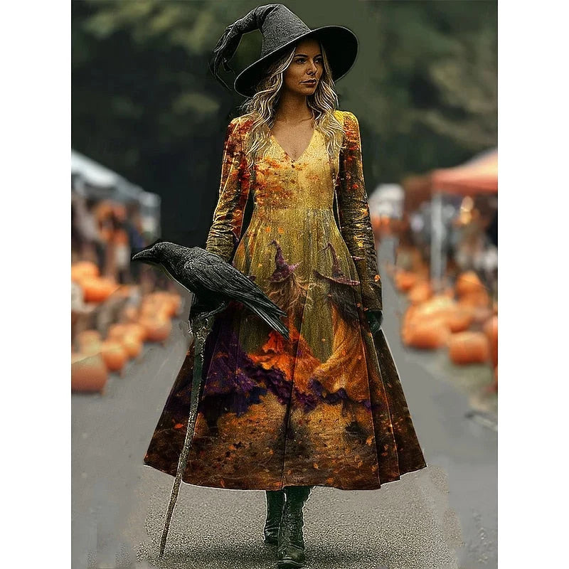 Sukienka maxi halloween czarownica z artystycznym nadrukiem w jesiennych odcieniach i dekoltem w serek