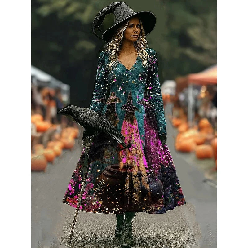 Sukienka halloween z krojem w kształcie litery A i artystycznym nadrukiem jesiennym