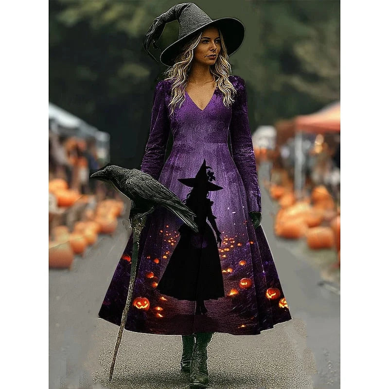 Sukienka halloween z długimi rękawami i zwiewnym dołem w jesiennych odcieniach