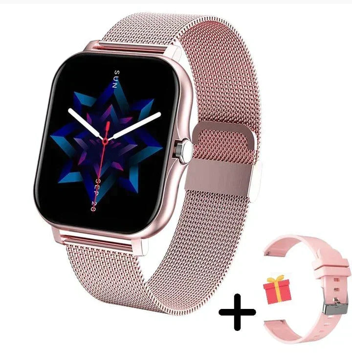 Smartwatch damski z wyświetlaczem dotykowym i metalową obudową w kolorze złotym z regulowanym paskiem