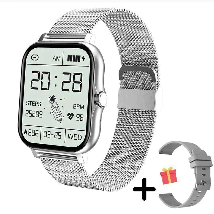 Smartwatch fitness z łącznością Bluetooth i paskiem mesh w złotym wykończeniu na neutralnym tle