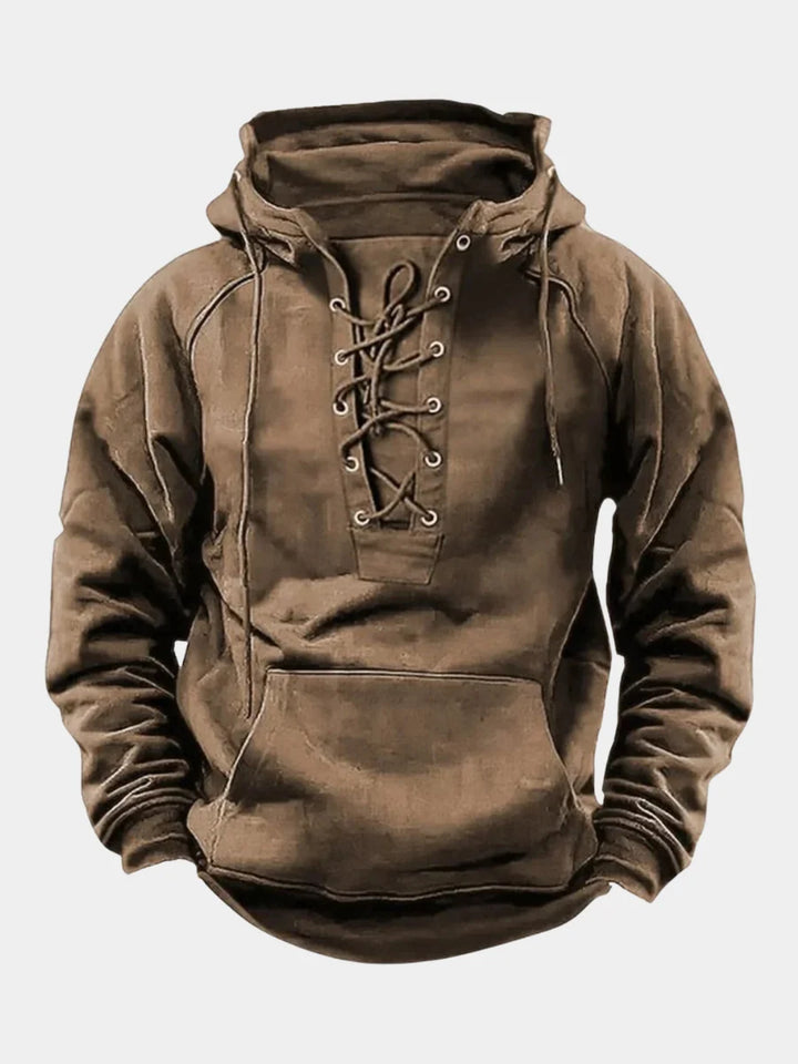 Odporny Hoodie męski w kolorze khaki z charakterystycznym sznurowaniem z przodu i kapturem