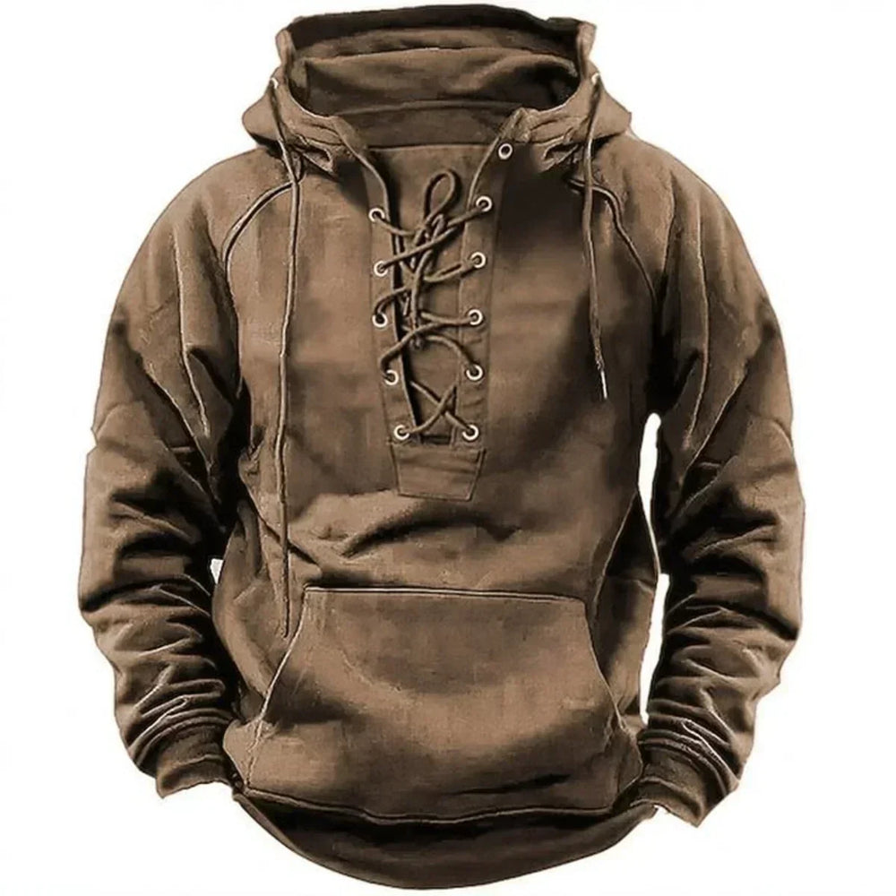 Hoodie męski ze sznurowaniem, widok z przodu prezentujący kieszeń kangurka i retro detale