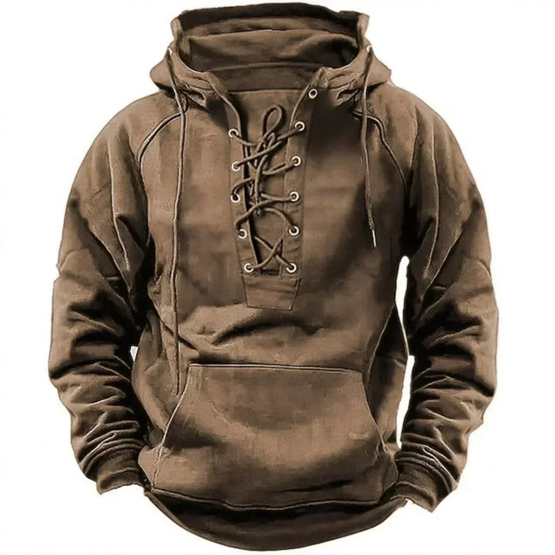 Hoodie męski ze sznurowaniem, widok z przodu prezentujący kieszeń kangurka i retro detale