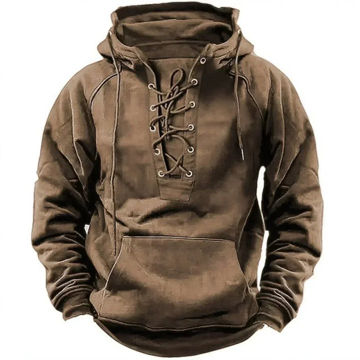 Hoodie męski ze sznurowaniem, widok z przodu prezentujący kieszeń kangurka i retro detale