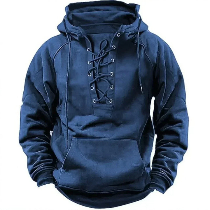 Męski hoodie z kapturem i sznurowaniem, widok boczny pokazujący ściągacze przy rękawach
