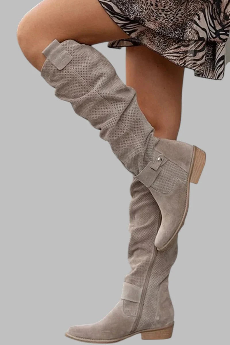 Isla women's slouch boots in taupe suede-effect with over-knee height and low block heel