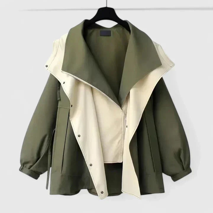 Kurtka damska oversize dwukolorowa khaki i beż z szerokim kołnierzem i zapięciem na zatrzaski