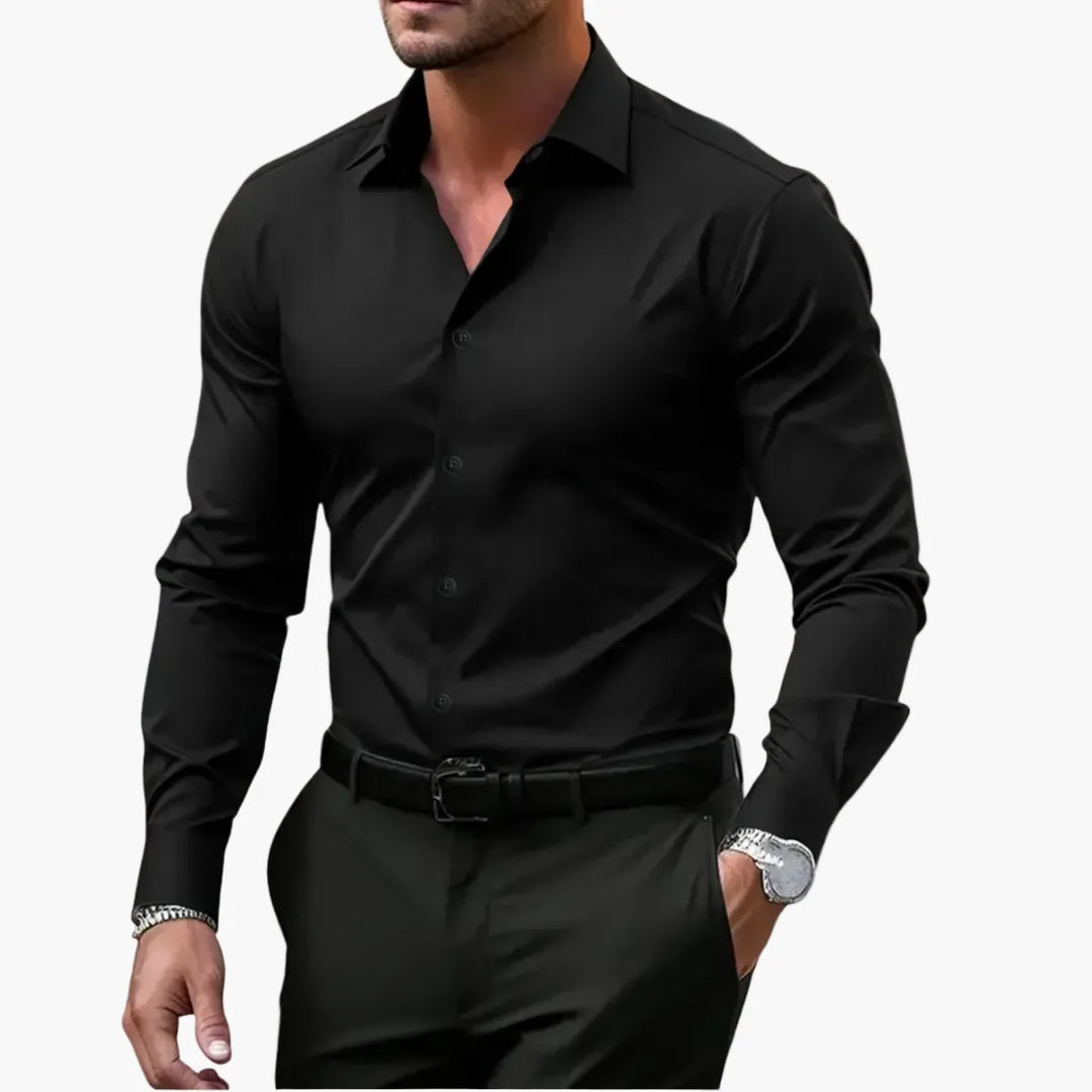 Męska koszula slim fit w kolorze grafitowym z kołnierzykiem i pełną listą guzików od góry do dołu