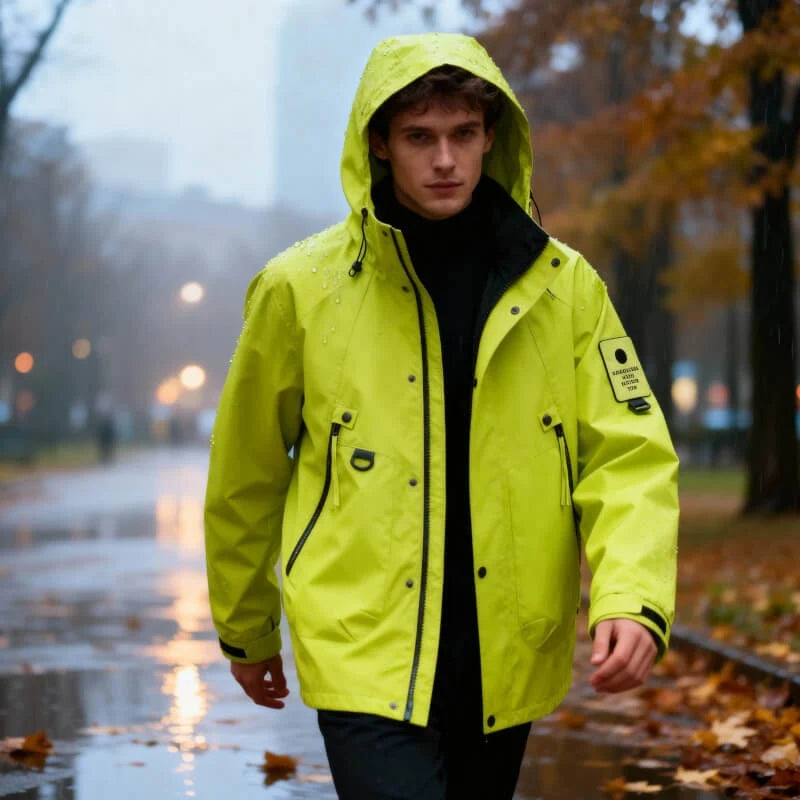 Kurtka męska wodoodporna z kapturem w kolorze limonkowym, model ubrany na ulicy w deszczowy dzień