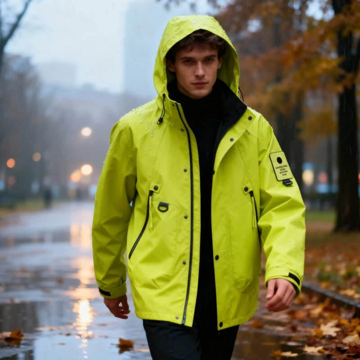 Kurtka męska wodoodporna z kapturem w kolorze limonkowym, model ubrany na ulicy w deszczowy dzień