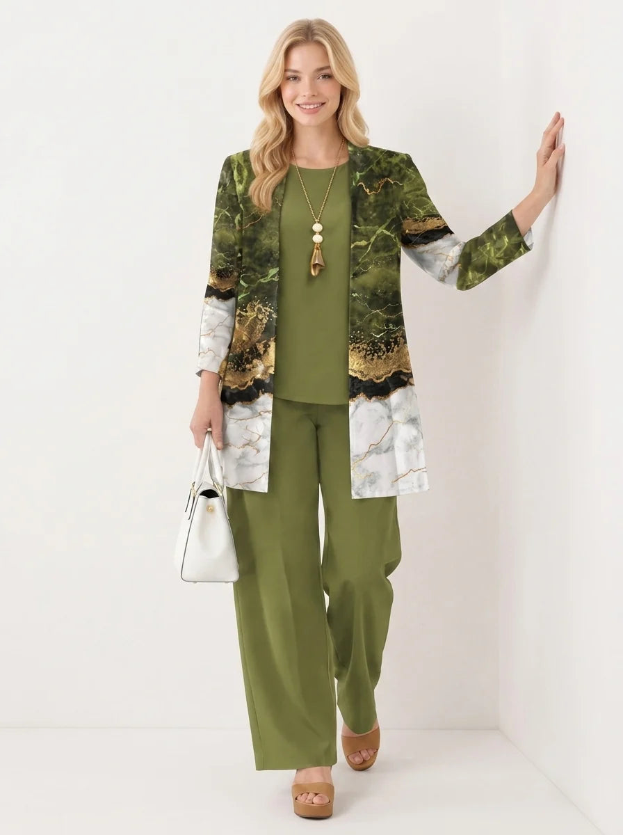 Komplet damski w kolorze oliwkowym z widocznym swobodnym dopasowaniem i lekkiej tkaniny