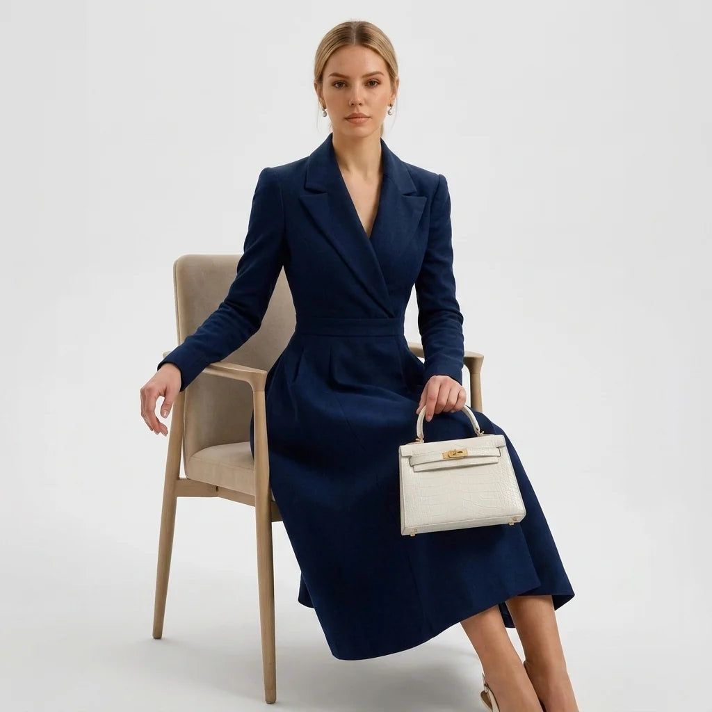 Sukienka formalna z rozkloszowaną spódnicą, modelka w ruchu