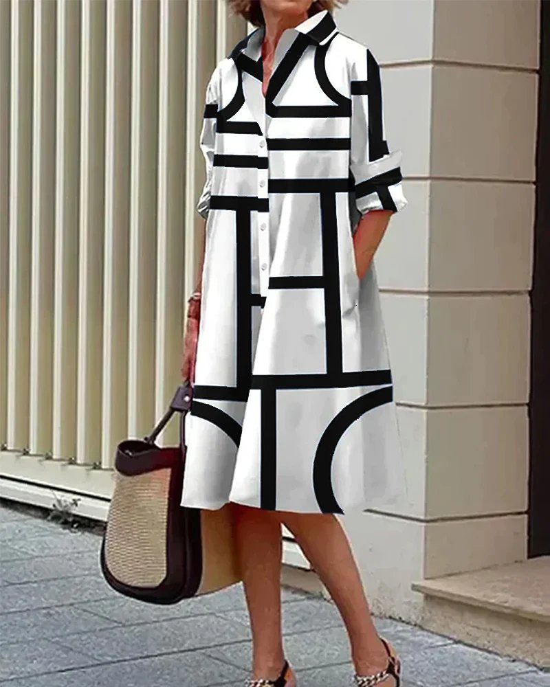 Damska Geometryczna sukienka koszulowa Midi w kontrastujący wzór z kołnierzykiem i zapięciem na guziki