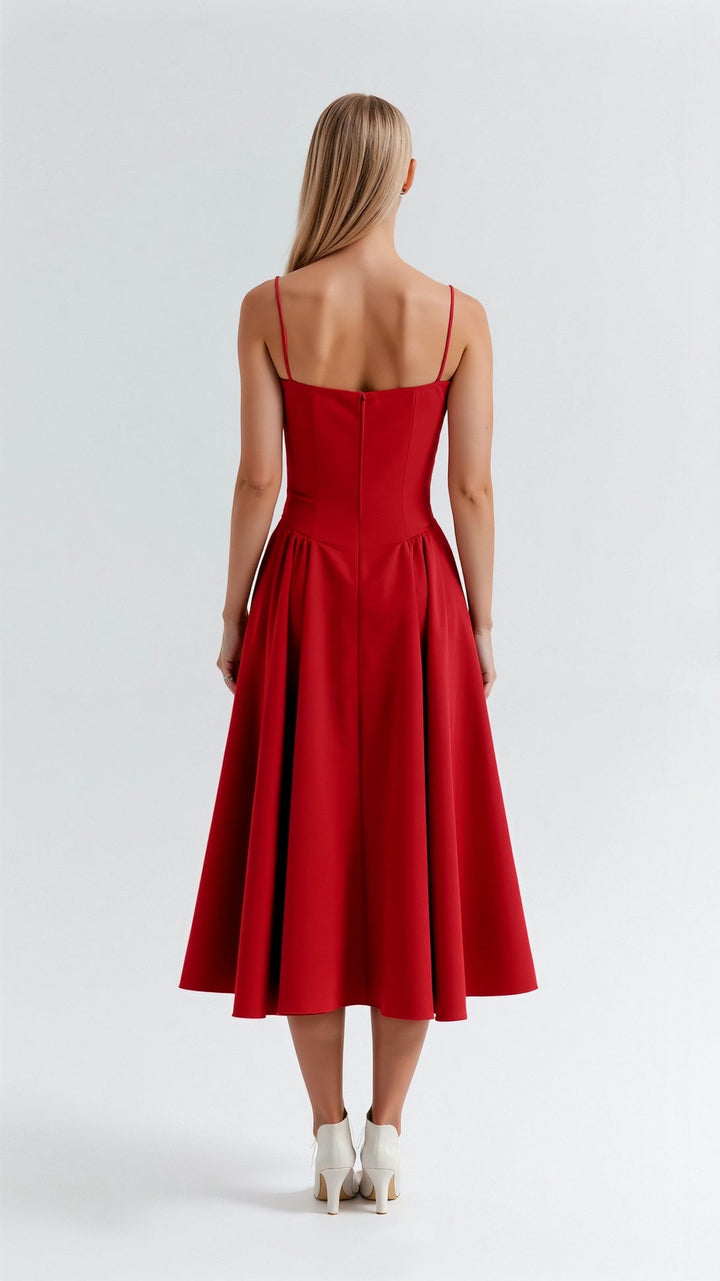 Elegancka sukienka formalna midi z gorsetem podkreślającym talię i rozkloszowanym dołem