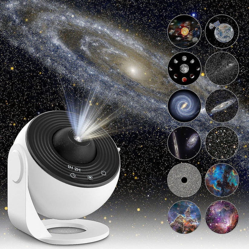 Projektor gwiazd rzutnik planetarium 13 projekcji z białą obudową i dyskami kosmicznymi w tle gwiaździstego nieba