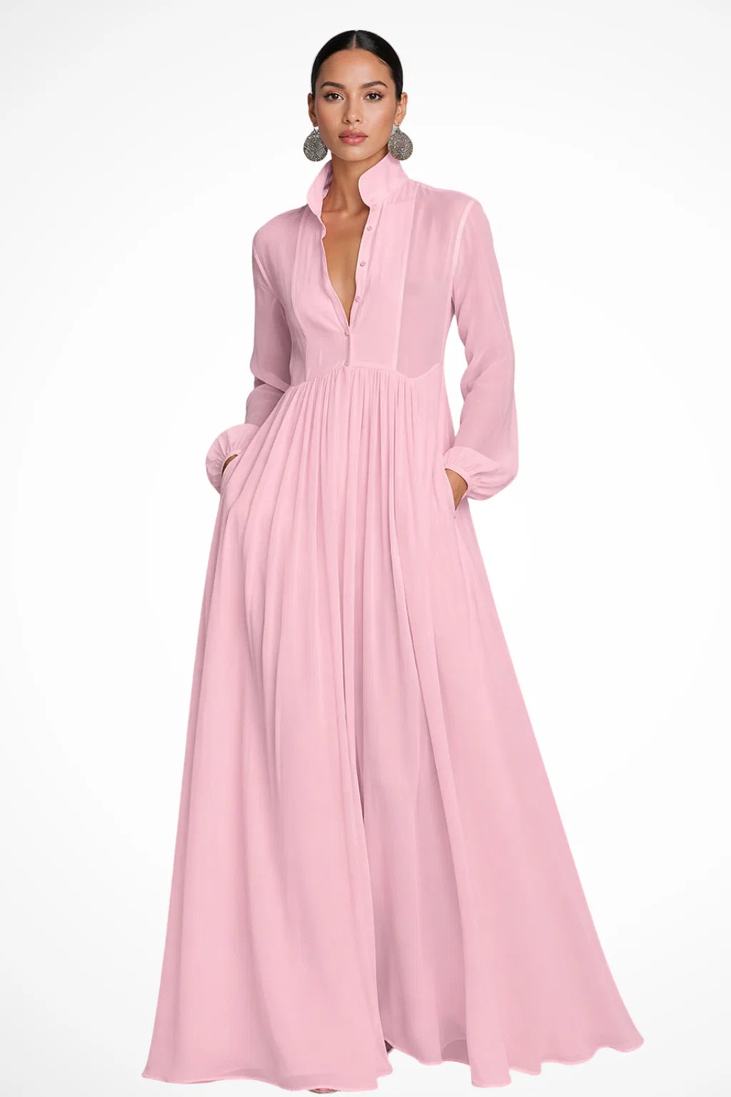 Elegancka sukienka letnia maxi z kieszeniami w jasnoniebieskim odcieniu z detalami
