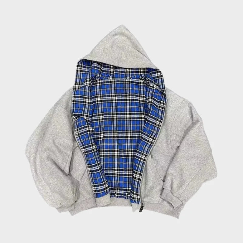 Dwustronna bluza oversize z kapturem męska w szarym kolorze z wzorem w niebieską kratę od wewnątrz
