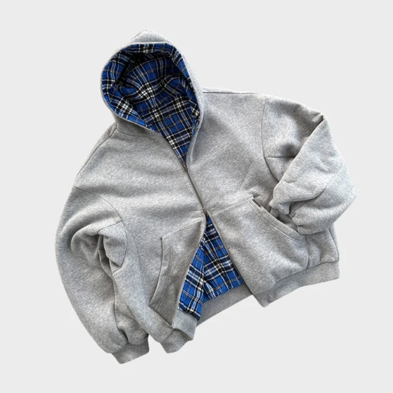 Męska bluza oversize dwustronna z kapturem zaprezentowana z przodu z widocznym zamkiem