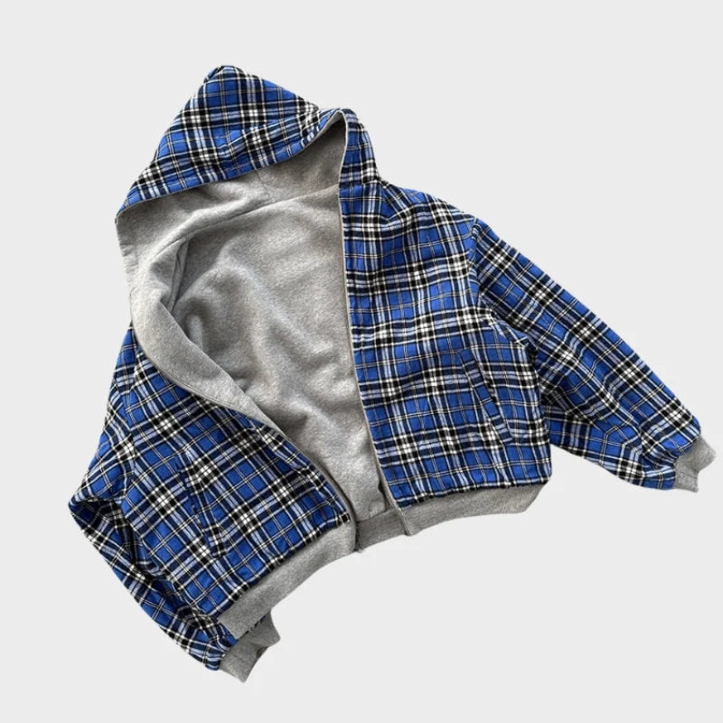 Dwustronna bluza oversize męska z widoczną stroną w niebiesko-czarną kratę