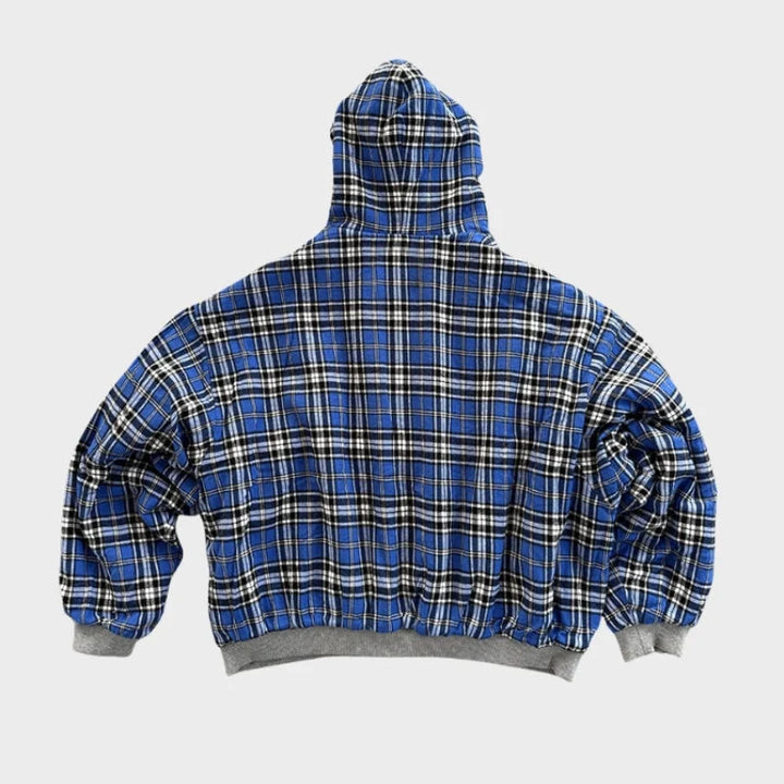 Męska bluza oversize z kapturem dwustronna pokazana z boku z zamkiem błyskawicznym