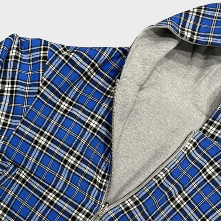 Bluza męska oversize dwustronna z kapturem w szarym kolorze z detalem kraty